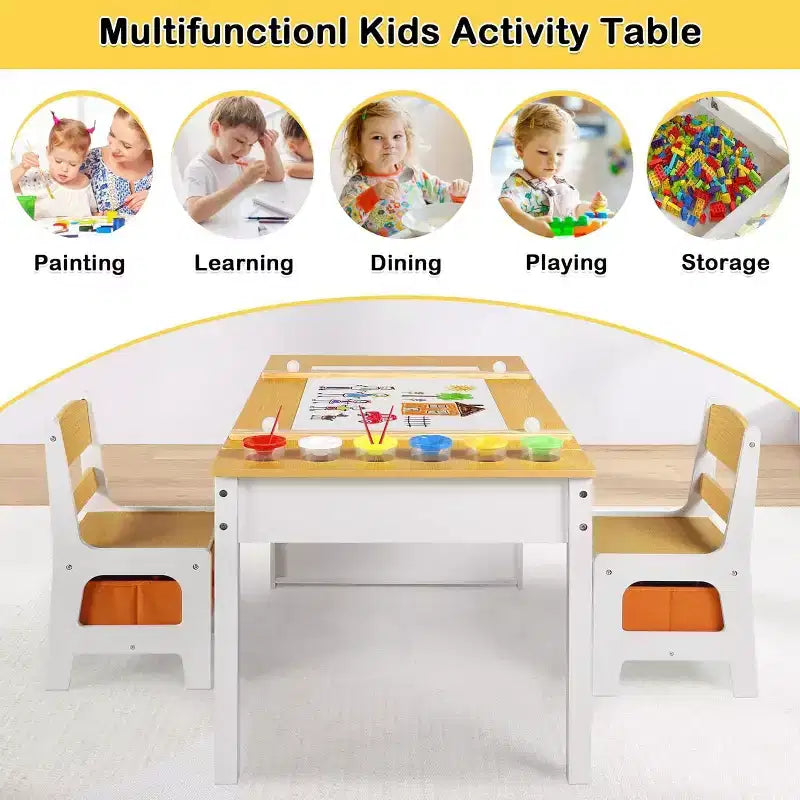 Table et 2 chaises pour enfants 3 en 1 avec rangement, plateau amovible et tableau noir, pour l'art, les loisirs créatifs, la lecture