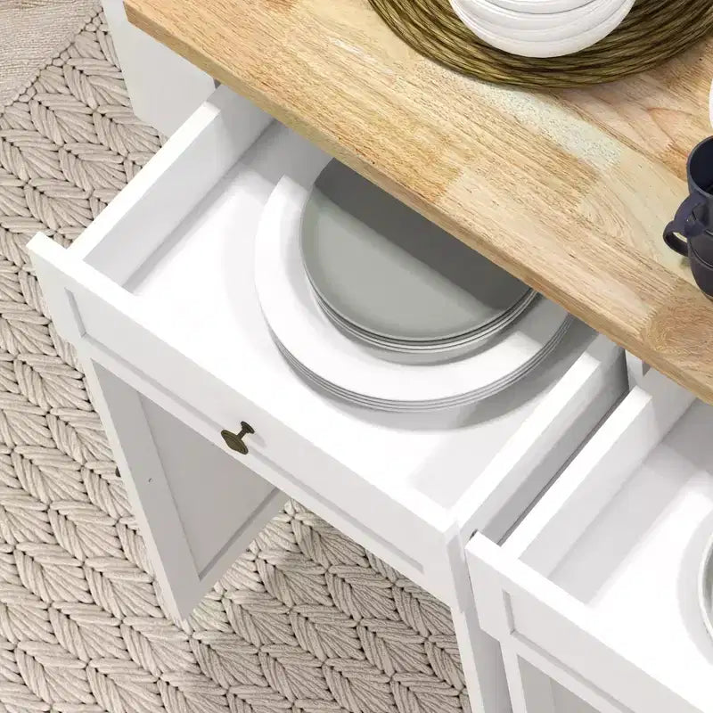 Îlot de cuisine sur roulettes, Desserte roulante avec plateau en bois d'hévéa, Étagère à épices, Porte-serviettes et Tiroirs pour salle à manger