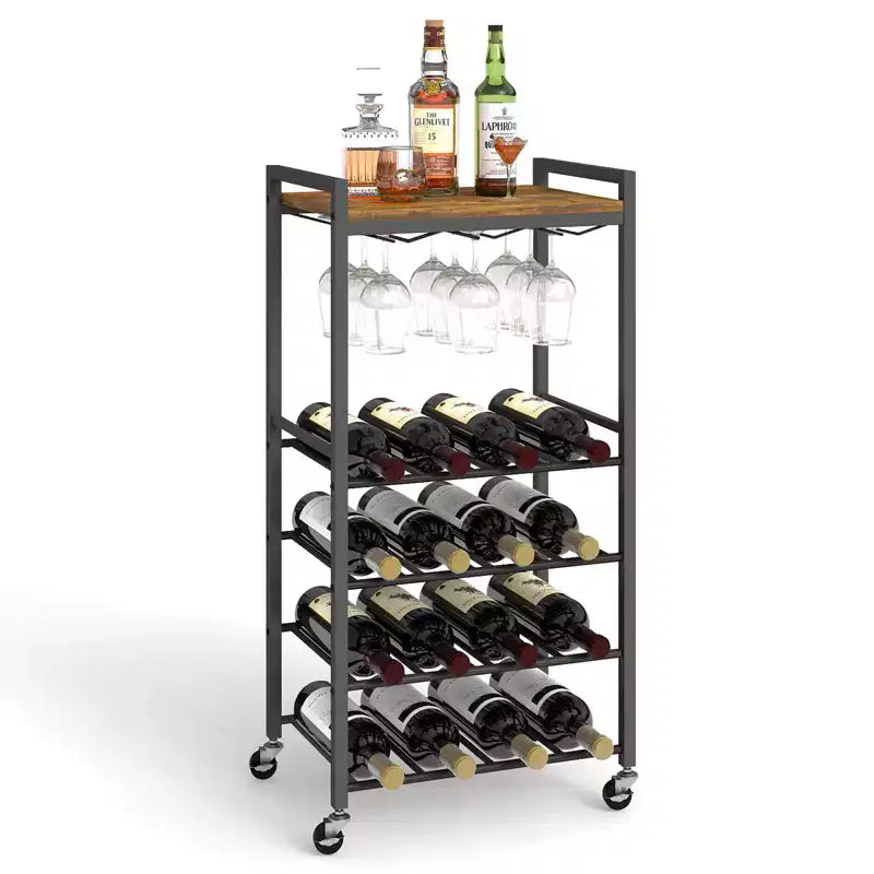 Cave à vin autoportante avec porte-verres, 16 bouteilles, bois et métal rustiques