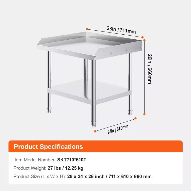 Table de travail en acier inoxydable, table de préparation alimentaire commerciale de 24 x 28 x 26 pouces, table de préparation robuste avec dosseret sur 3 côtés, table de travail en métal