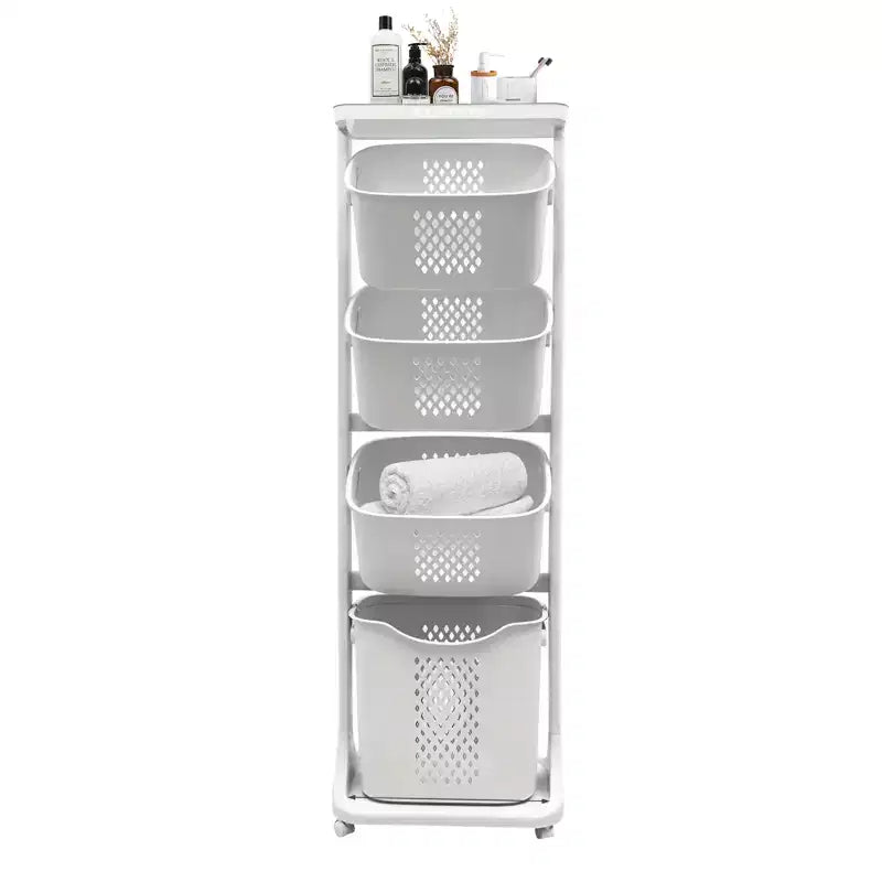 Trieur de linge à 4 niveaux, Organisateur de rangement à roulettes avec roues amovibles, Chariot à linge sale de salle de bain, Blanc