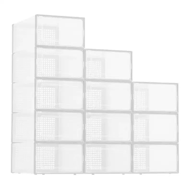 Lot de 12 grands bacs de rangement en plastique transparent avec couvercles durables et empilables pour organiser les chaussures, les jouets, le placard ou le rangement sous le lit