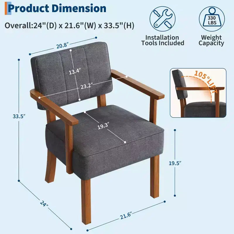 Fauteuil d'appoint en tissu de lin, fauteuil du milieu du siècle moderne à rayures verticales, fauteuil de lecture à cadre en bois pour salon