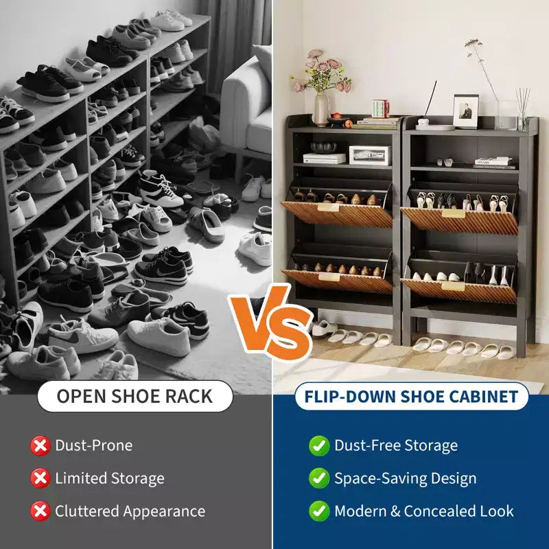 Meuble de rangement pour chaussures cannelé avec 2 tiroirs basculants – Organisateur de chaussures dissimulé étroit et autoportant avec pieds pour entrée, couloir, salon, chambre à coucher