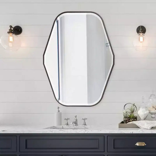 Miroir mural octogonal 39"x29" avec cadre en bois teinté espresso : Style moderne, Aucun assemblage requis, Fixation murale