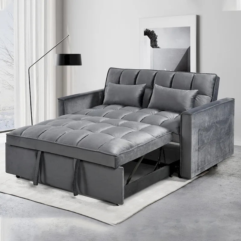 Modern Velvet Futon Loveseat with Reclining Backrest & Pockets, Seats 2 ??Dark Gray / Light Gray / Blue / Black