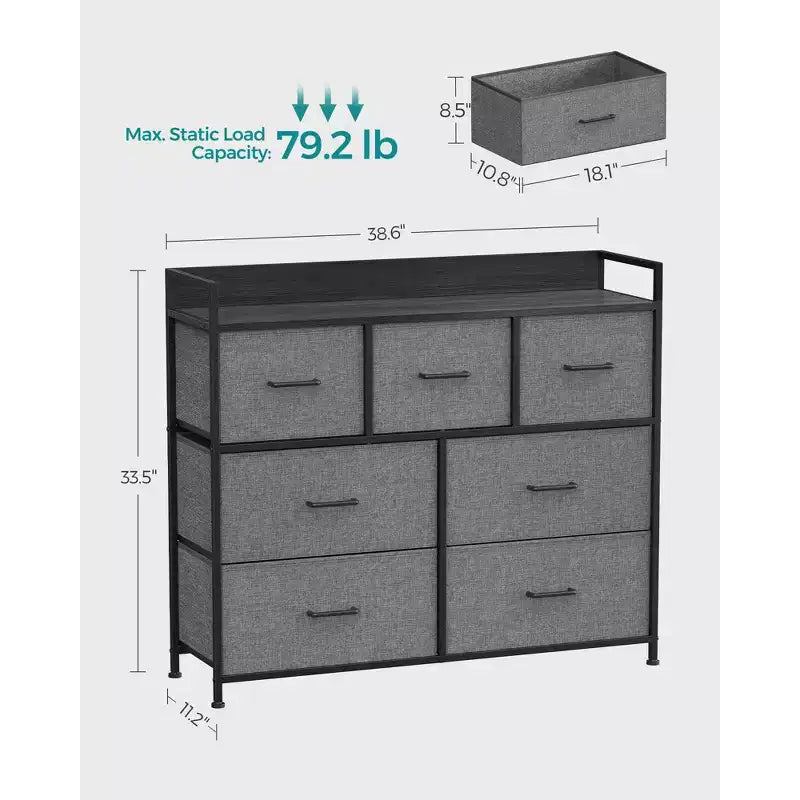 Commode pour chambre à coucher, chiffonnier, meuble de rangement pour vêtements 7 tiroirs en tissu avec poignées, 30P x 80L x 71H cm, Gris