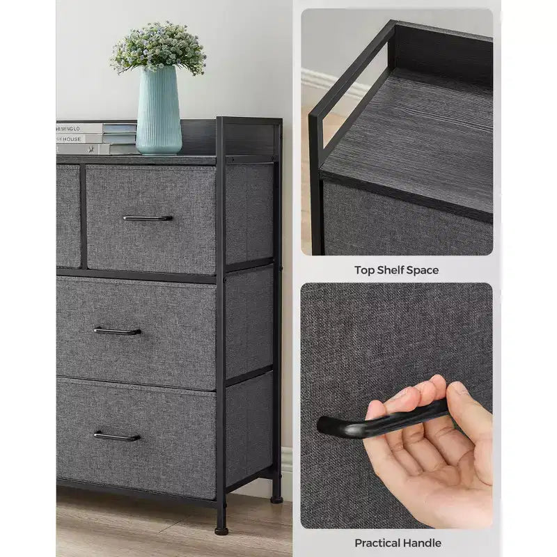 Commode pour chambre à coucher, chiffonnier, meuble de rangement pour vêtements 7 tiroirs en tissu avec poignées, 30P x 80L x 71H cm, Gris