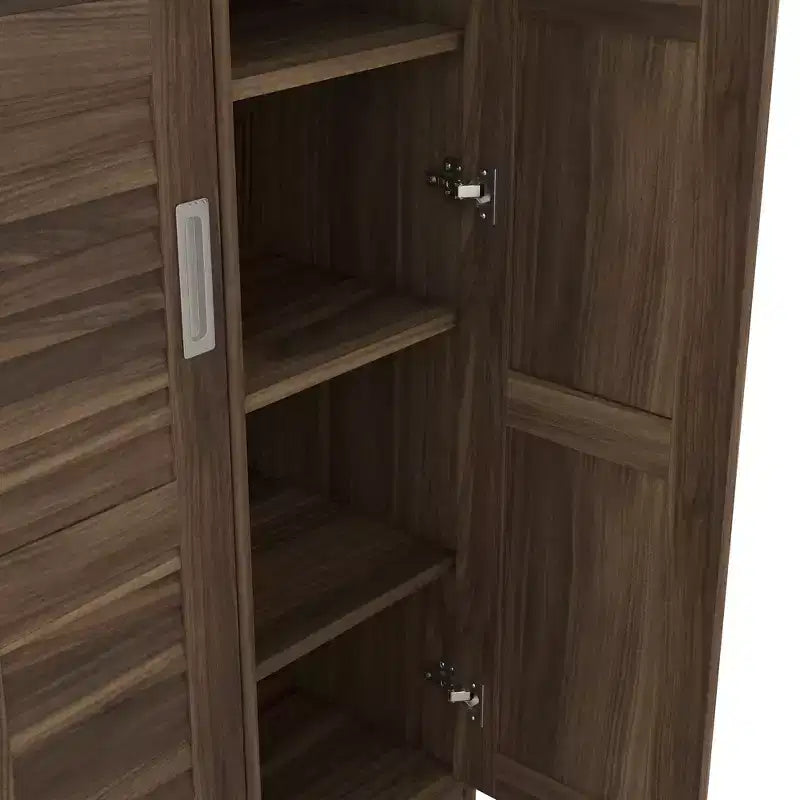 Armoire penderie à persiennes 3 portes en bois avec tringle et étagères de rangement