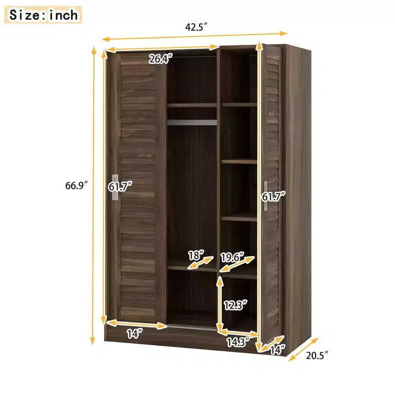Armoire penderie à persiennes 3 portes en bois avec tringle et étagères de rangement