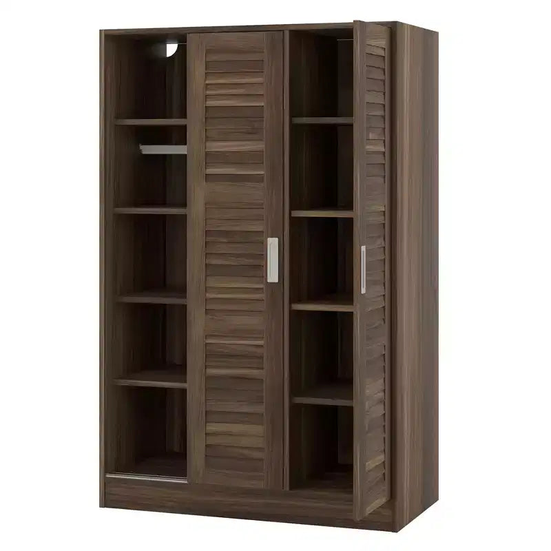 Armoire penderie à persiennes 3 portes en bois avec tringle et étagères de rangement