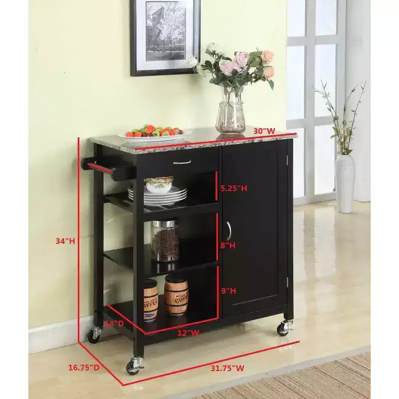 Chariot de rangement de cuisine avec dessus finition bois et marbre
