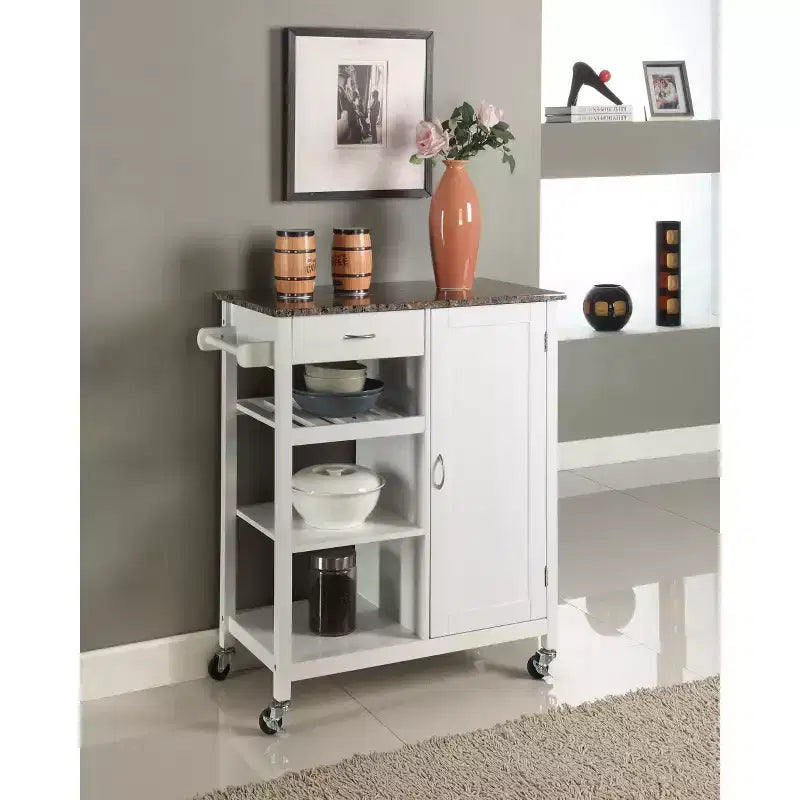 Chariot de rangement de cuisine avec dessus finition bois et marbre