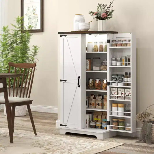 Meuble de cuisine de 120 cm avec éclairage LED intelligent, armoire de rangement de style rustique avec portes, 2 étagères réglables et 12 étagères de porte, blanc