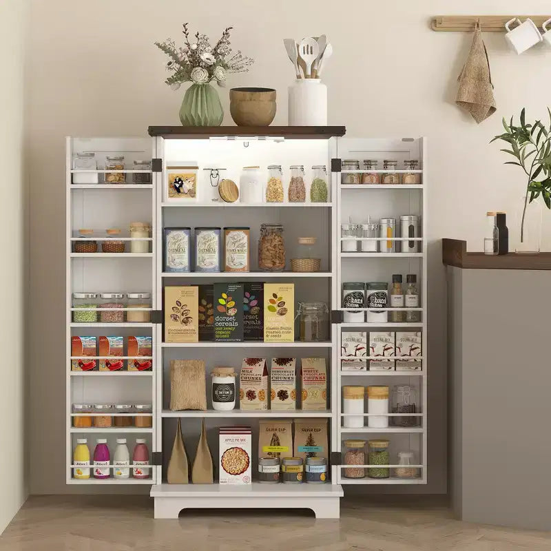 Meuble de cuisine de 120 cm avec éclairage LED intelligent, armoire de rangement de style rustique avec portes, 2 étagères réglables et 12 étagères de porte, blanc