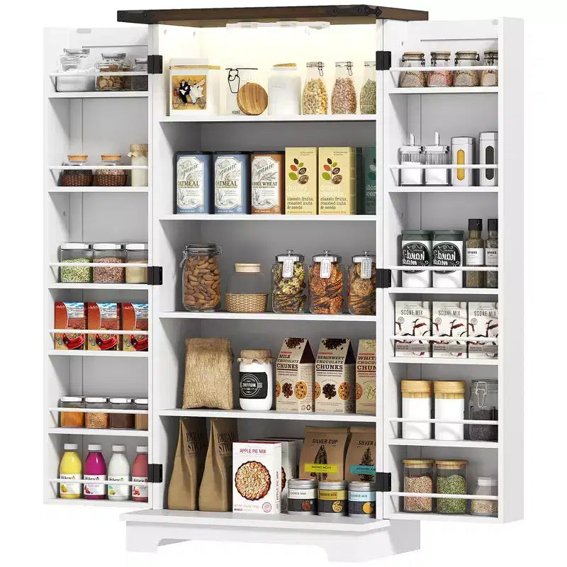 Meuble de cuisine de 120 cm avec éclairage LED intelligent, armoire de rangement de style rustique avec portes, 2 étagères réglables et 12 étagères de porte, blanc