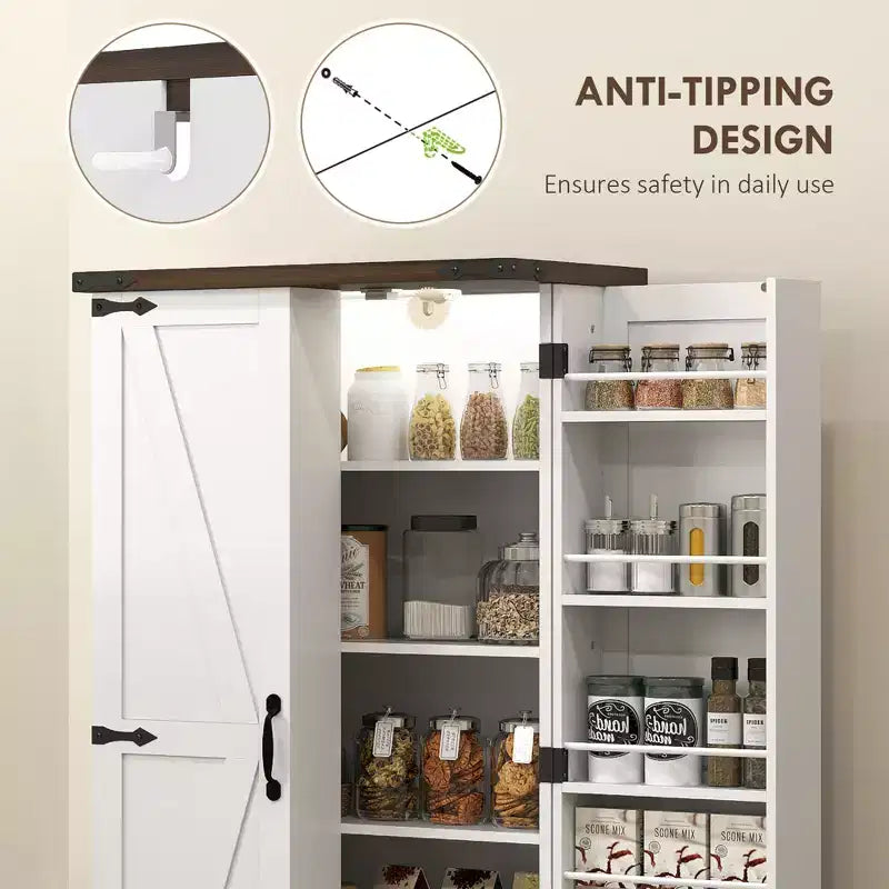 Meuble de cuisine de 120 cm avec éclairage LED intelligent, armoire de rangement de style rustique avec portes, 2 étagères réglables et 12 étagères de porte, blanc