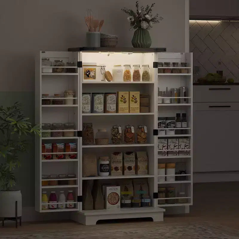 Meuble de cuisine de 120 cm avec éclairage LED intelligent, armoire de rangement de style rustique avec portes, 2 étagères réglables et 12 étagères de porte, blanc