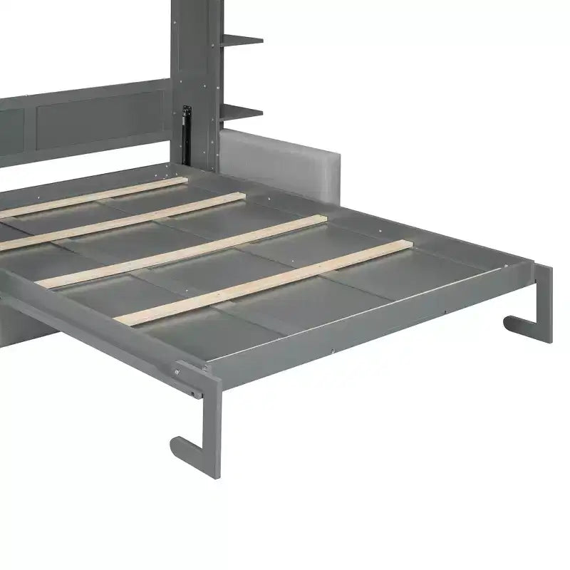 Lit escamotable queen size mural en bois avec canapé et étagères, design moderne