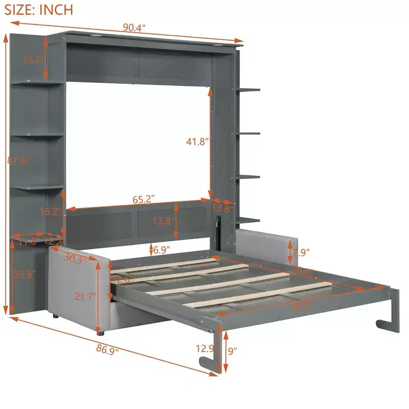 Lit escamotable queen size mural en bois avec canapé et étagères, design moderne