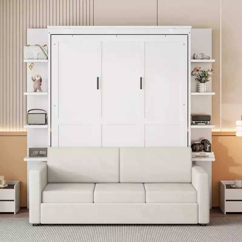 Lit escamotable queen size mural en bois avec canapé et étagères, design moderne