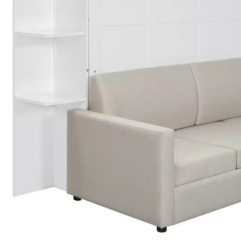 Lit escamotable queen size mural en bois avec canapé et étagères, design moderne