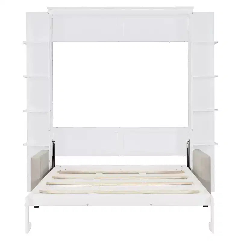 Lit escamotable queen size mural en bois avec canapé et étagères, design moderne