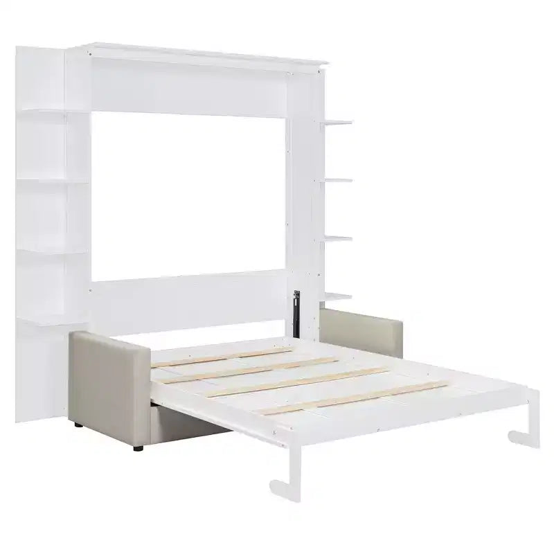 Lit escamotable queen size mural en bois avec canapé et étagères, design moderne