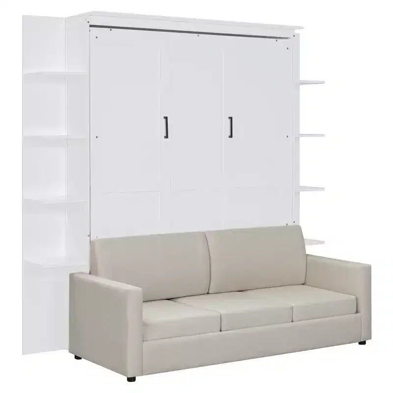 Lit escamotable queen size mural en bois avec canapé et étagères, design moderne