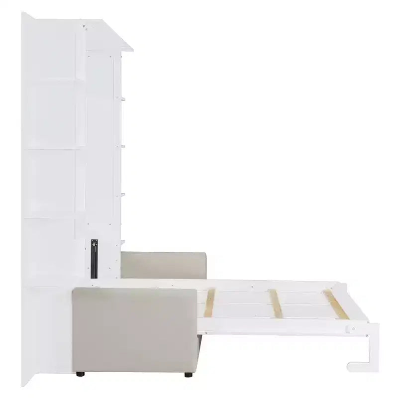 Lit escamotable queen size mural en bois avec canapé et étagères, design moderne