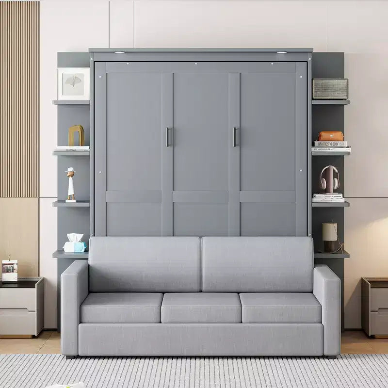 Lit escamotable queen size mural en bois avec canapé et étagères, design moderne