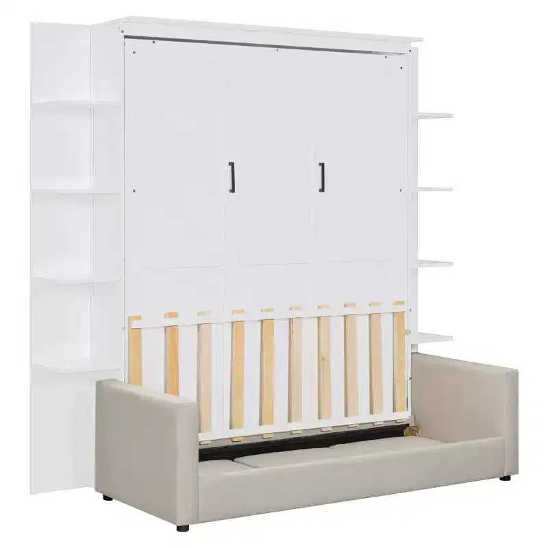 Lit escamotable queen size mural en bois avec canapé et étagères, design moderne