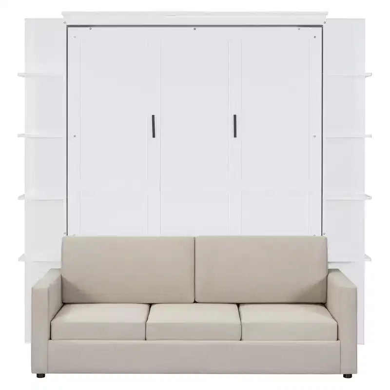 Lit escamotable queen size mural en bois avec canapé et étagères, design moderne
