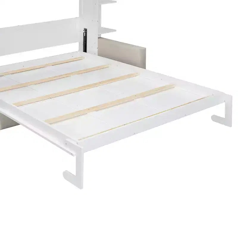 Lit escamotable queen size mural en bois avec canapé et étagères, design moderne