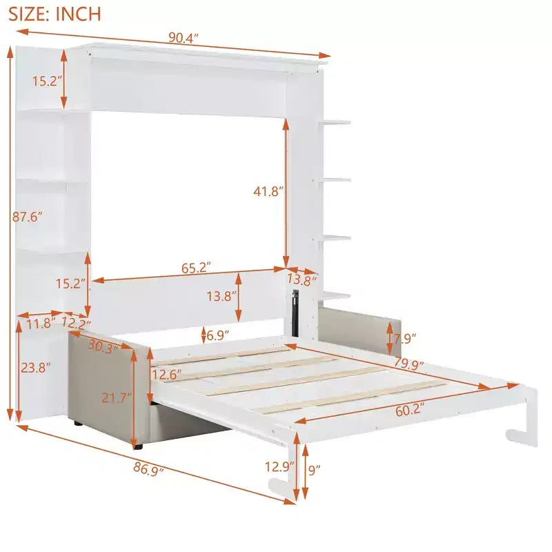 Lit escamotable queen size mural en bois avec canapé et étagères, design moderne