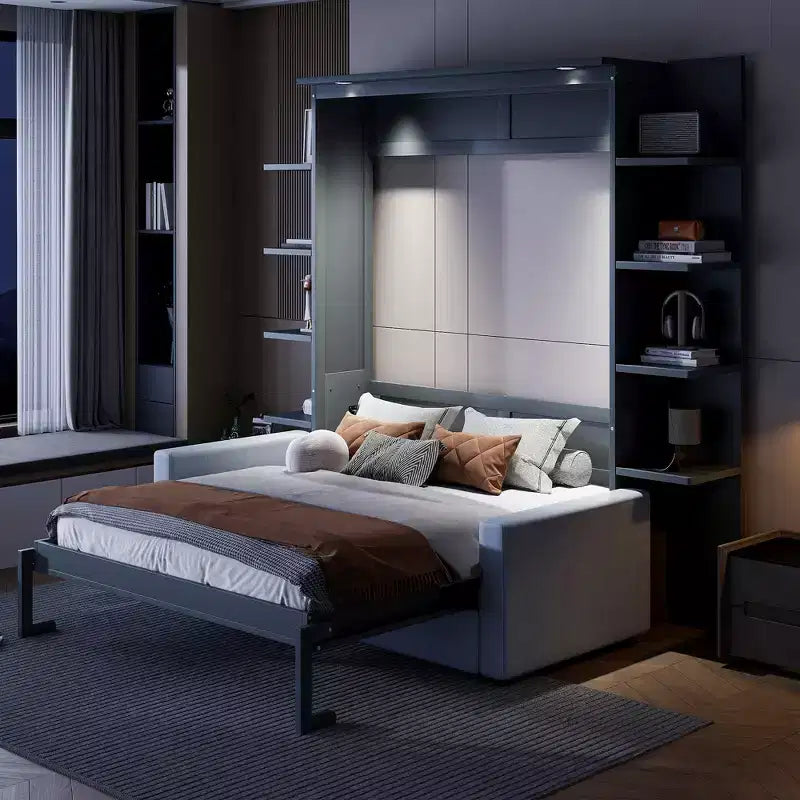 Lit escamotable queen size mural en bois avec canapé et étagères, design moderne