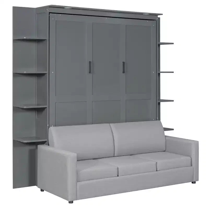 Lit escamotable queen size mural en bois avec canapé et étagères, design moderne
