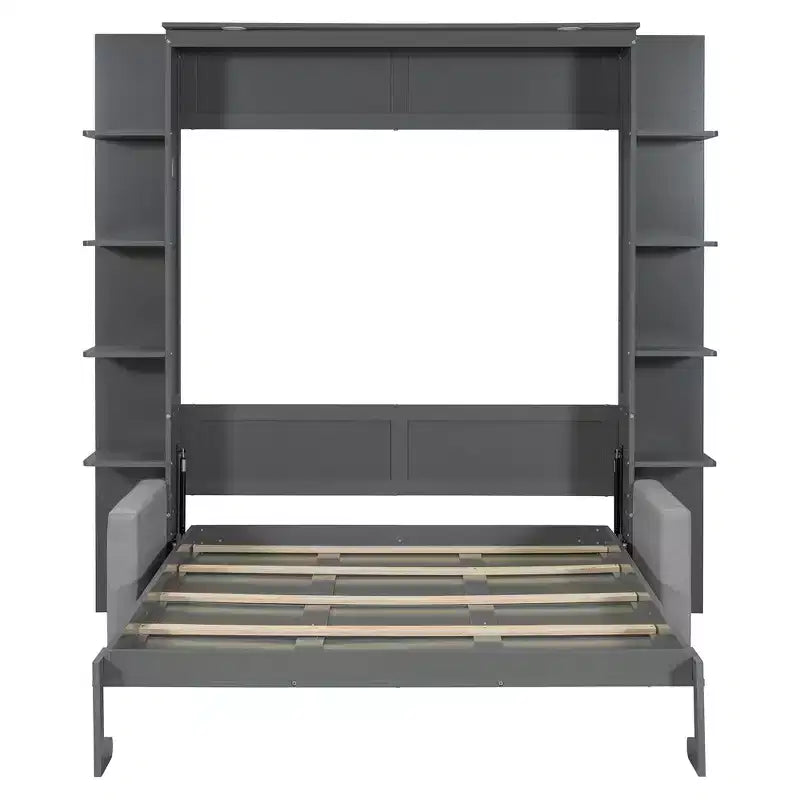 Lit escamotable queen size mural en bois avec canapé et étagères, design moderne