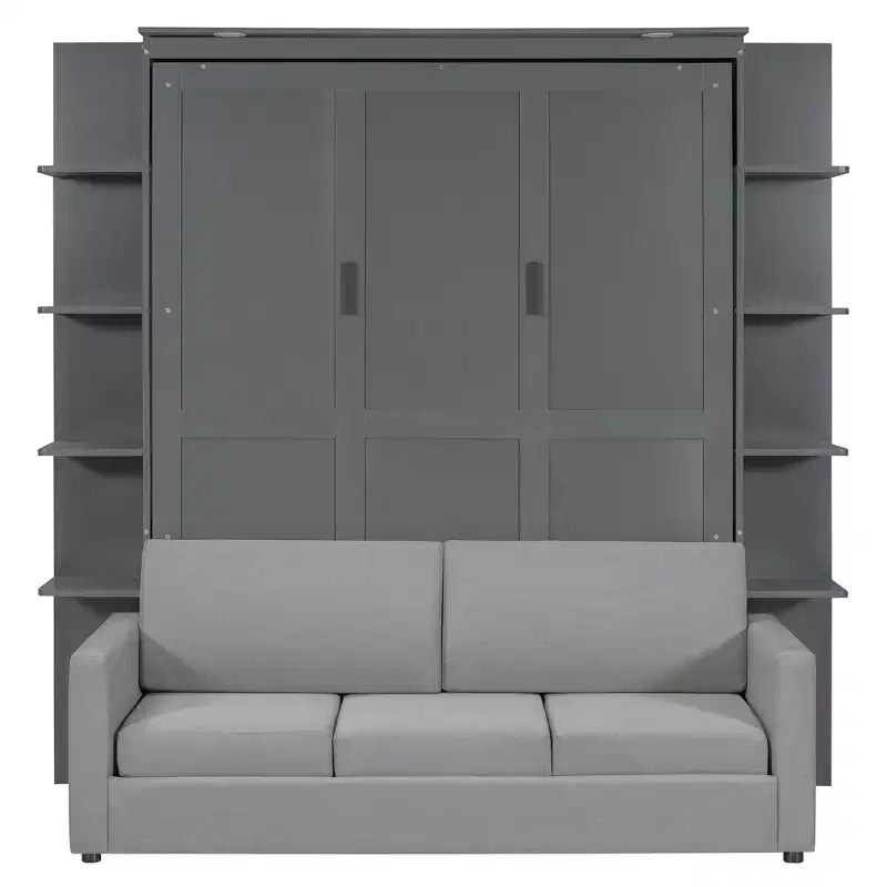 Lit escamotable queen size mural en bois avec canapé et étagères, design moderne