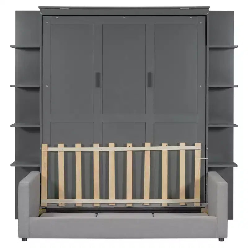 Lit escamotable queen size mural en bois avec canapé et étagères, design moderne