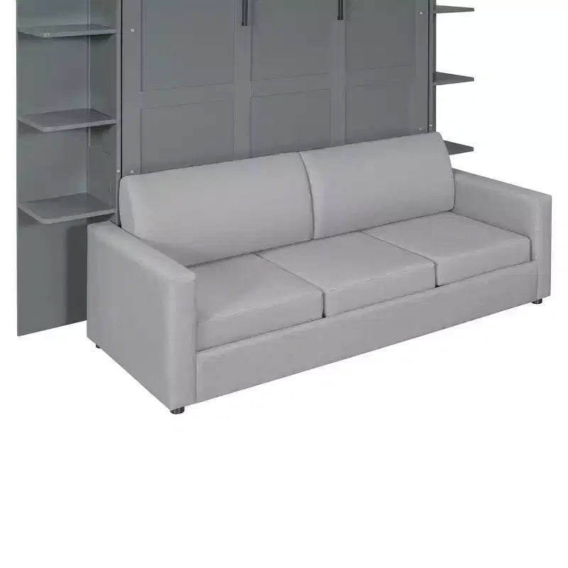 Lit escamotable queen size mural en bois avec canapé et étagères, design moderne