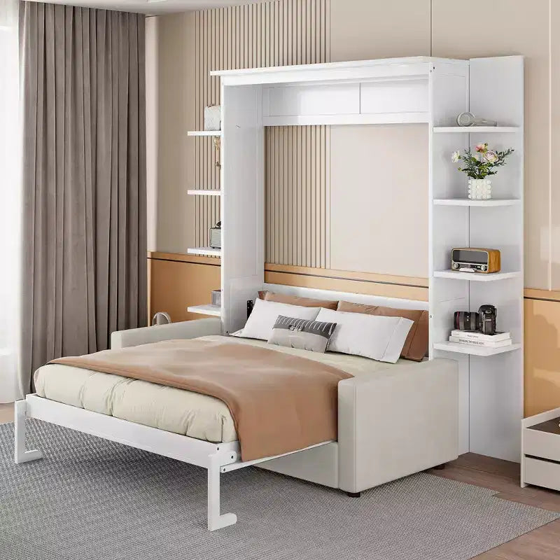 Lit escamotable queen size mural en bois avec canapé et étagères, design moderne