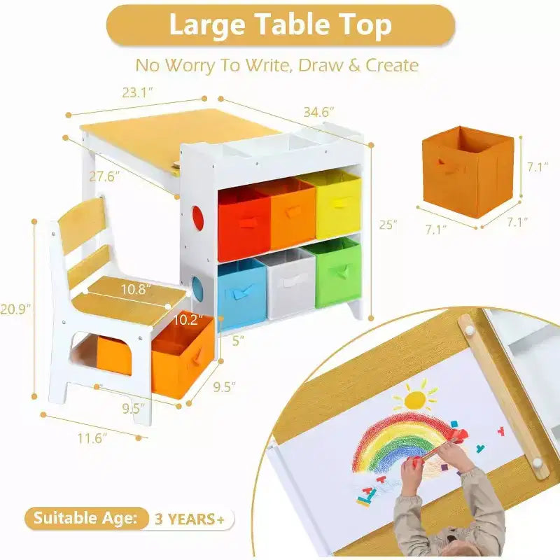 Table et 2 chaises pour enfants 3 en 1 avec rangement, plateau amovible et tableau noir, pour l'art, les loisirs créatifs, la lecture