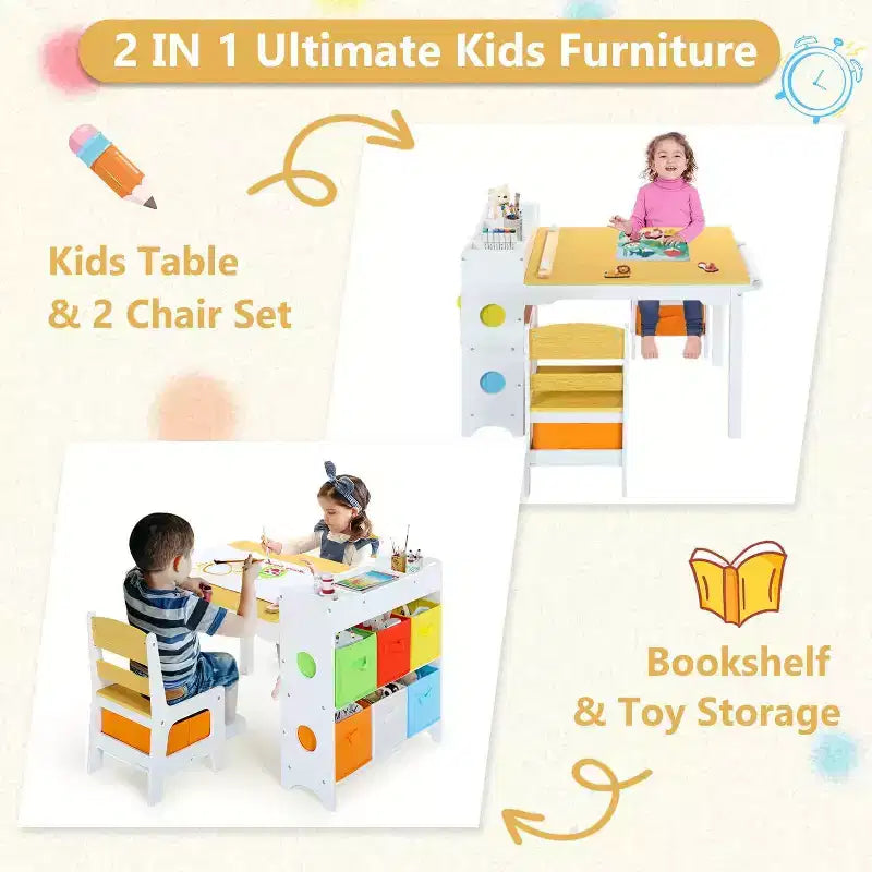Table et 2 chaises pour enfants 3 en 1 avec rangement, plateau amovible et tableau noir, pour l'art, les loisirs créatifs, la lecture