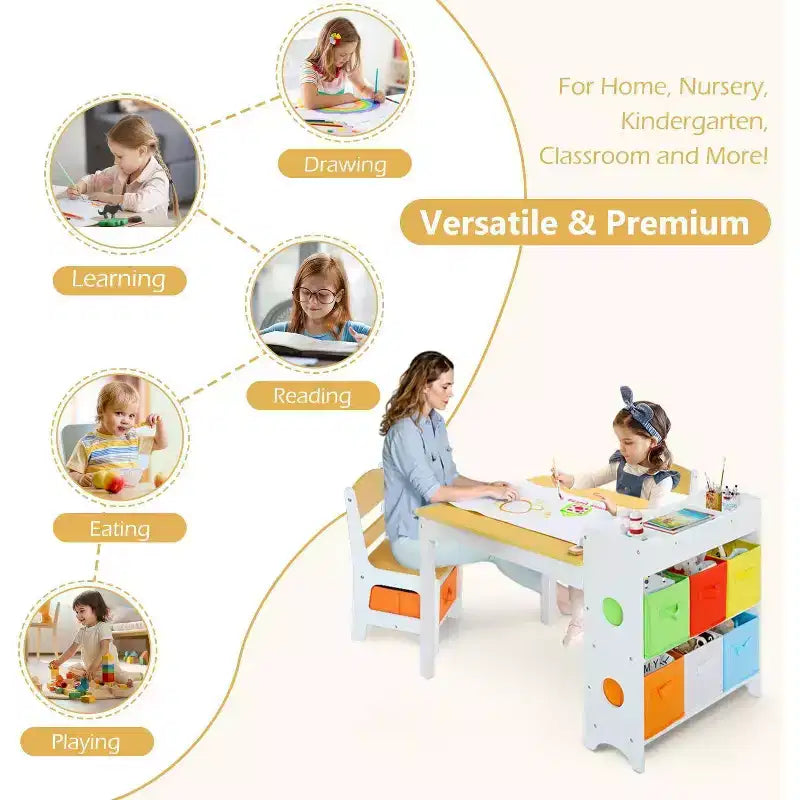 Table et 2 chaises pour enfants 3 en 1 avec rangement, plateau amovible et tableau noir, pour l'art, les loisirs créatifs, la lecture
