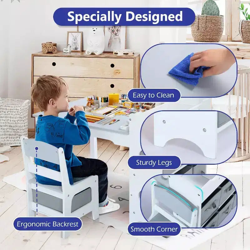 Table et 2 chaises pour enfants 3 en 1 avec rangement, plateau amovible et tableau noir, pour l'art, les loisirs créatifs, la lecture