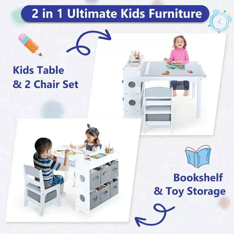 Table et 2 chaises pour enfants 3 en 1 avec rangement, plateau amovible et tableau noir, pour l'art, les loisirs créatifs, la lecture