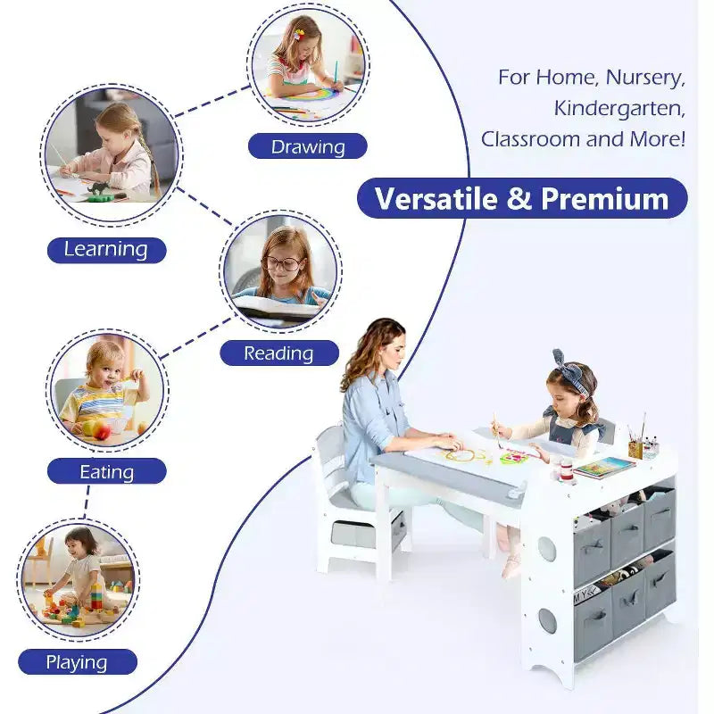 Table et 2 chaises pour enfants 3 en 1 avec rangement, plateau amovible et tableau noir, pour l'art, les loisirs créatifs, la lecture