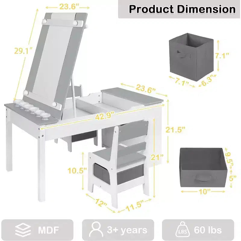 Table et 2 chaises pour enfants 3 en 1 avec rangement, plateau amovible et tableau noir, pour l'art, les loisirs créatifs, la lecture