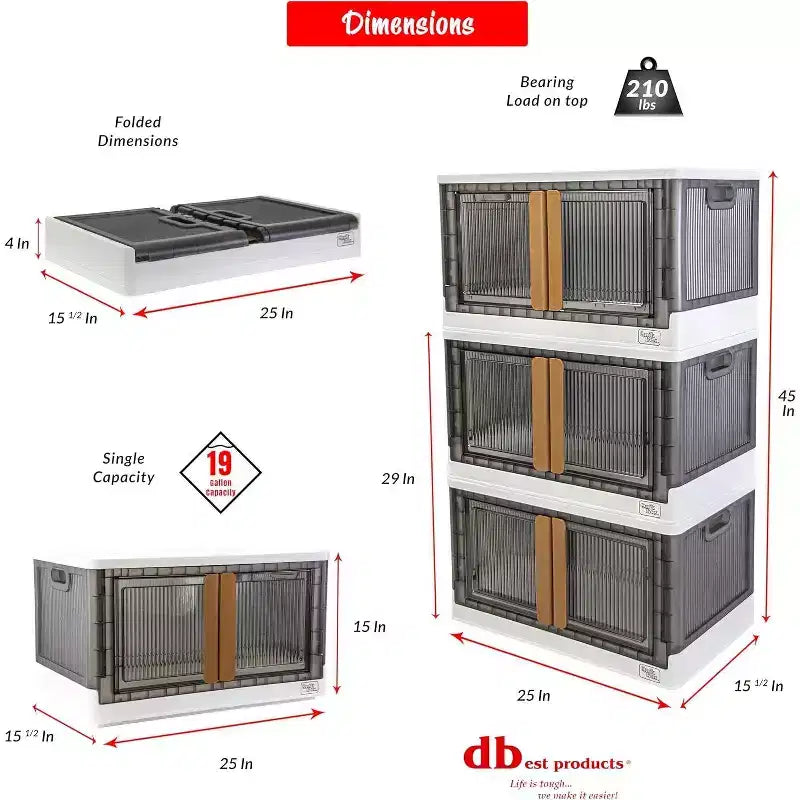 Quik Box - Bacs de Rangement Empilables de 72 Litres avec Portes, Organisateur Pliable Conteneur Pliant Parfait Pour Toute Maison